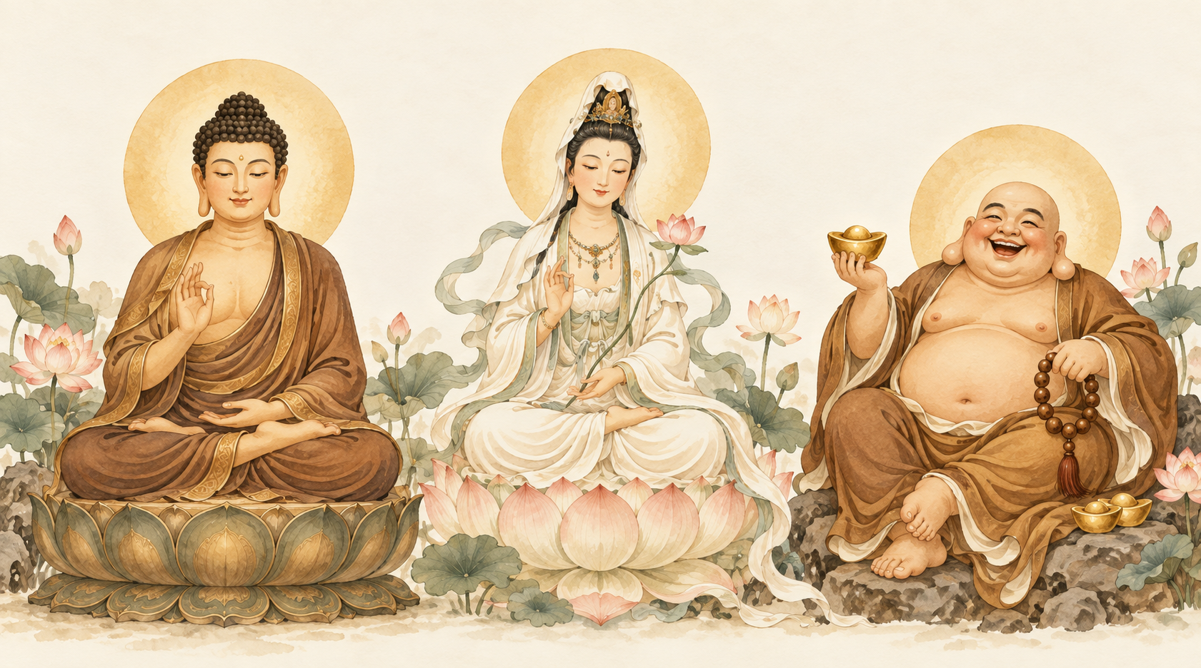 释迦牟尼佛、观音菩萨与笑佛的温暖插画