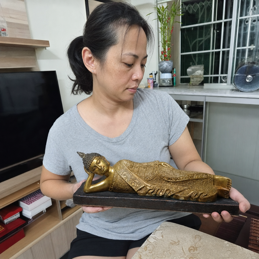 家中佛桌摆放的卧佛镀金铜像，长35厘米