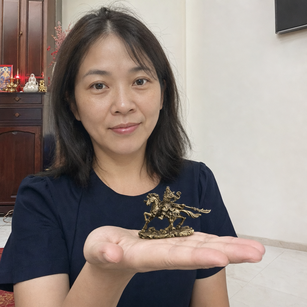 Mini Guan Gong God of Wealth riding horse statue held in a Chinese home 5.1 cm