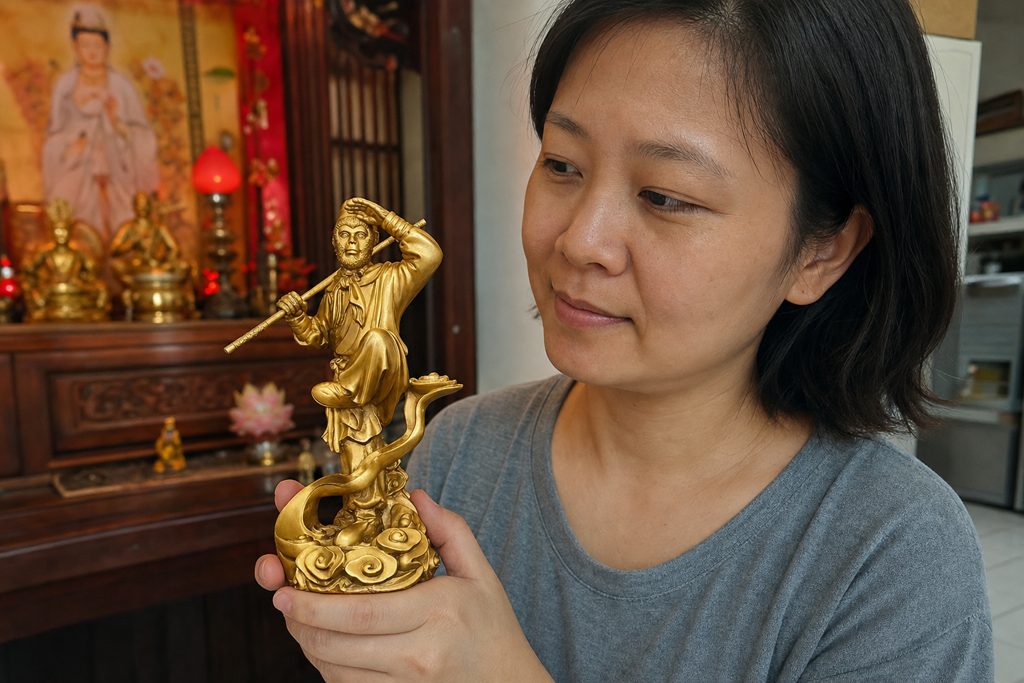 Qitian Dasheng Sun Wukong statue held by a Chinese woman