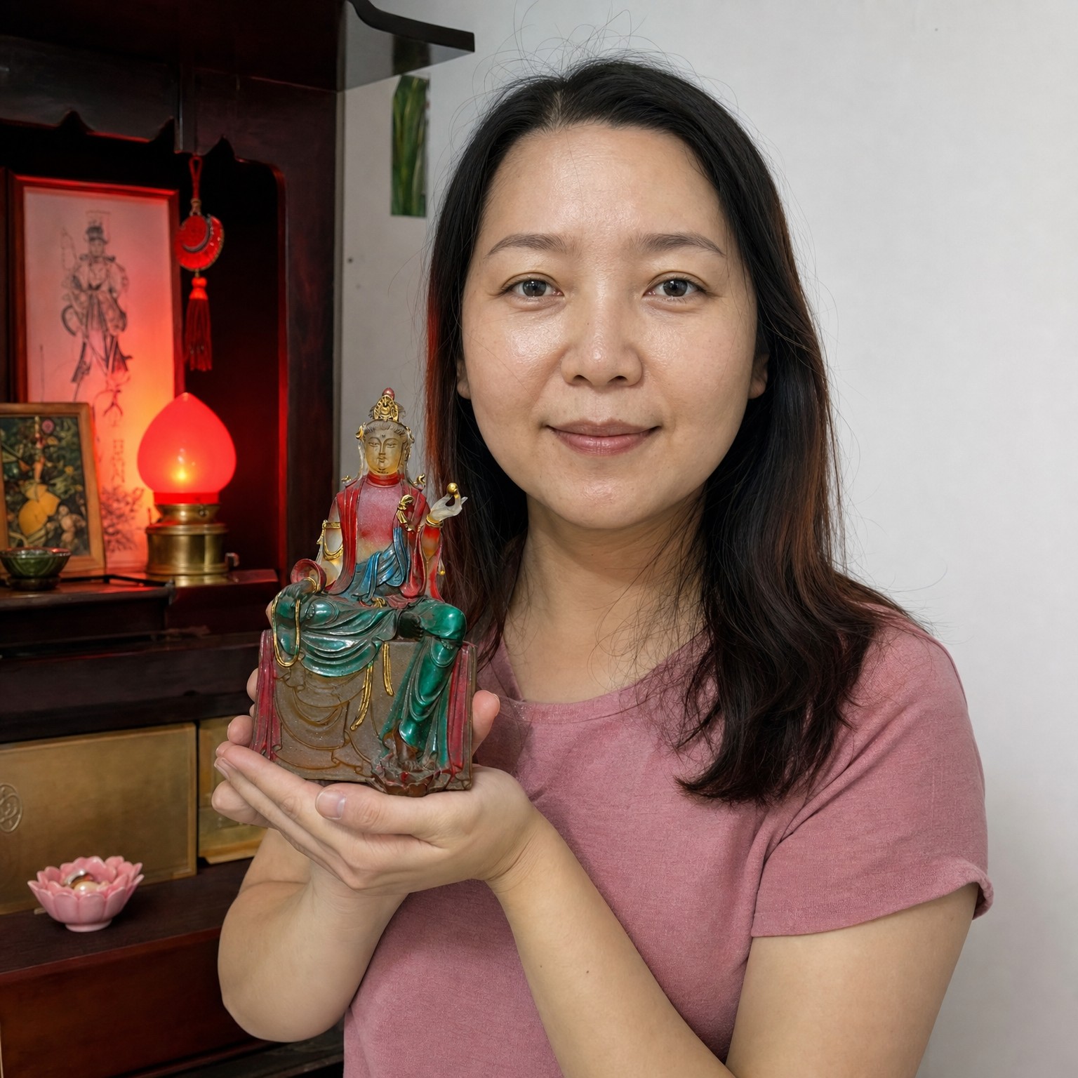 仿古藏式釉面彩绘佛像 – 平安、慈悲与家庭和谐 8.5 × 6.5 × 16.5 cm