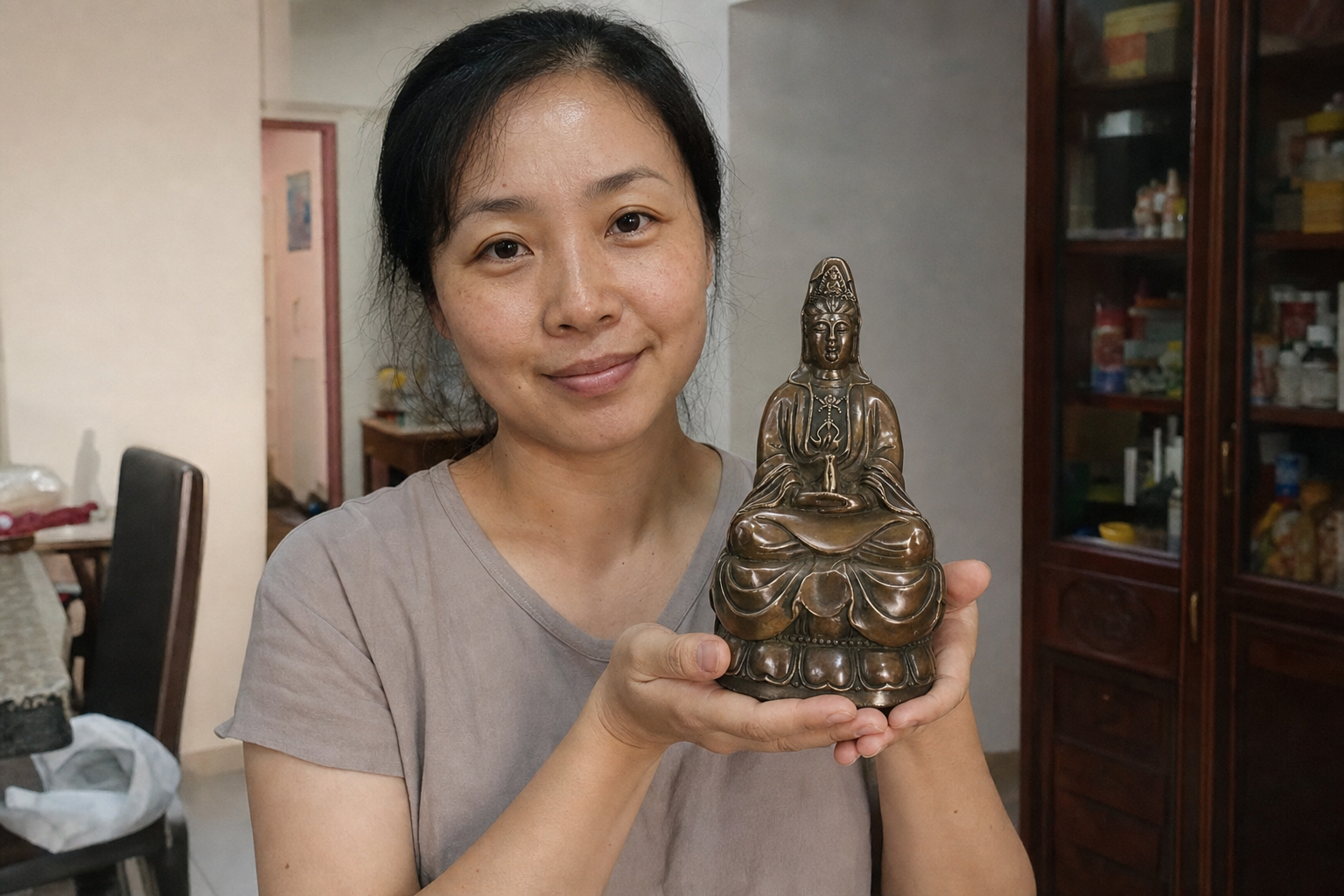一位女性手捧观音菩萨佛像