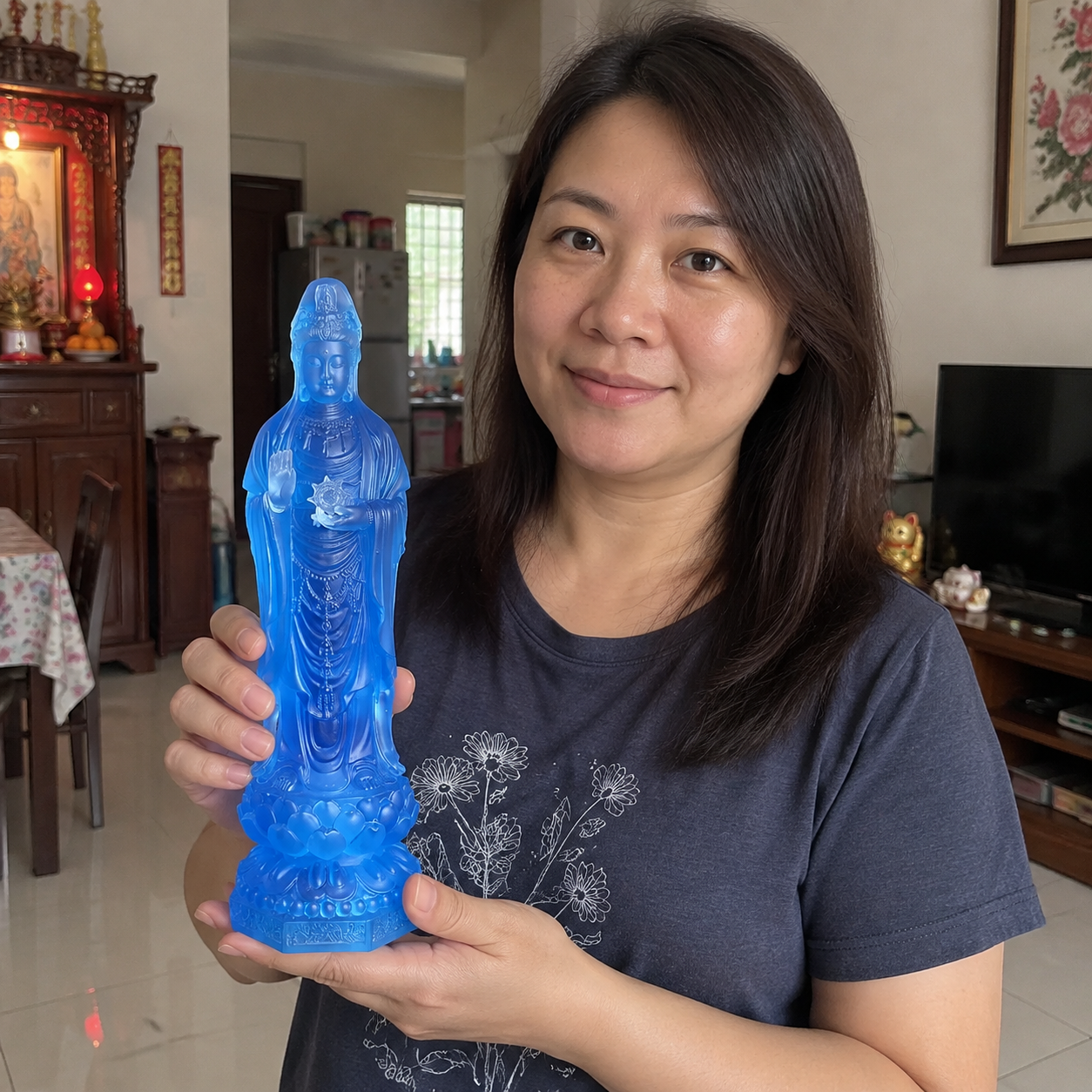 Blue Guanyin 观音菩萨 statue in a home