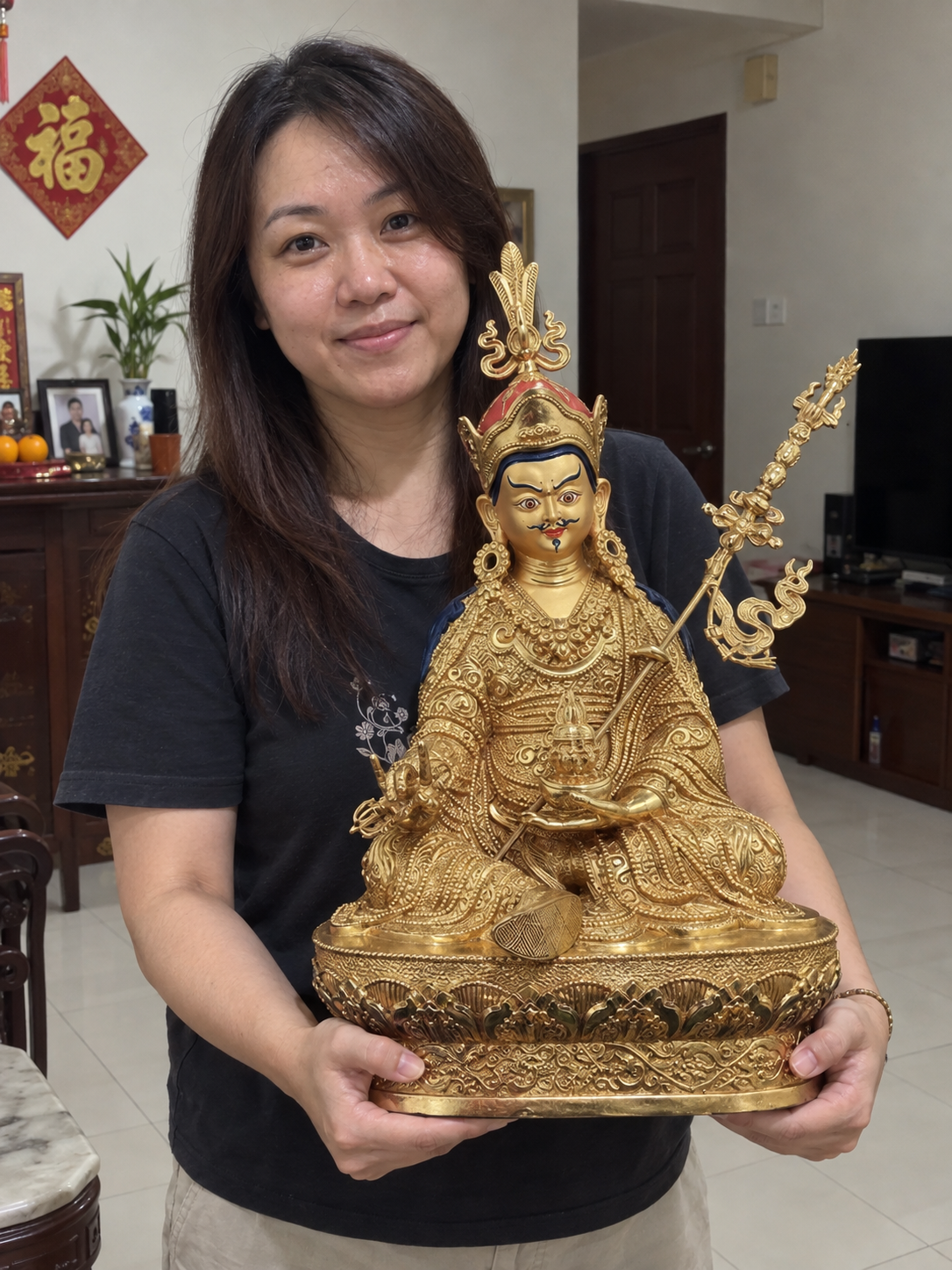 Guru Rinpoche Padmasambhava 莲花生大师 copper-gilt statue in a home