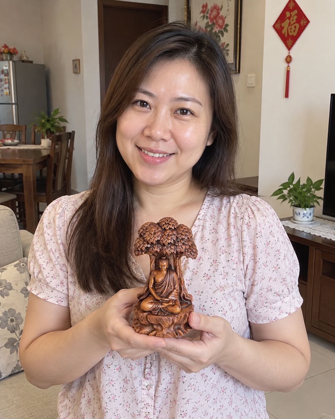家庭中的如来佛 (Ru Lai Buddha) 树下黄杨木佛像
